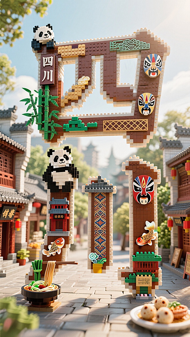 字体设计，乐高效果，3D 立体，建筑合成的文字，手绘插画，创意字体设计，色彩鲜明，艺术感，美感，插画设计，文字“四川”，建筑在字，“四”字内穿插设计建筑轮廓，如宽窄巷子、锦里古街，辅以当地小吃，比如担担面、三大炮等，增强整体的文化氛围。“川”字内穿插设计当地特色建筑，比如武侯祠、杜甫草堂、、大熊猫繁育研究基地等，突出建筑轮廓与特色，辅以熊猫、竹叶、川剧脸谱、锦鲤、川西蜀锦纹样等传统纹样图案