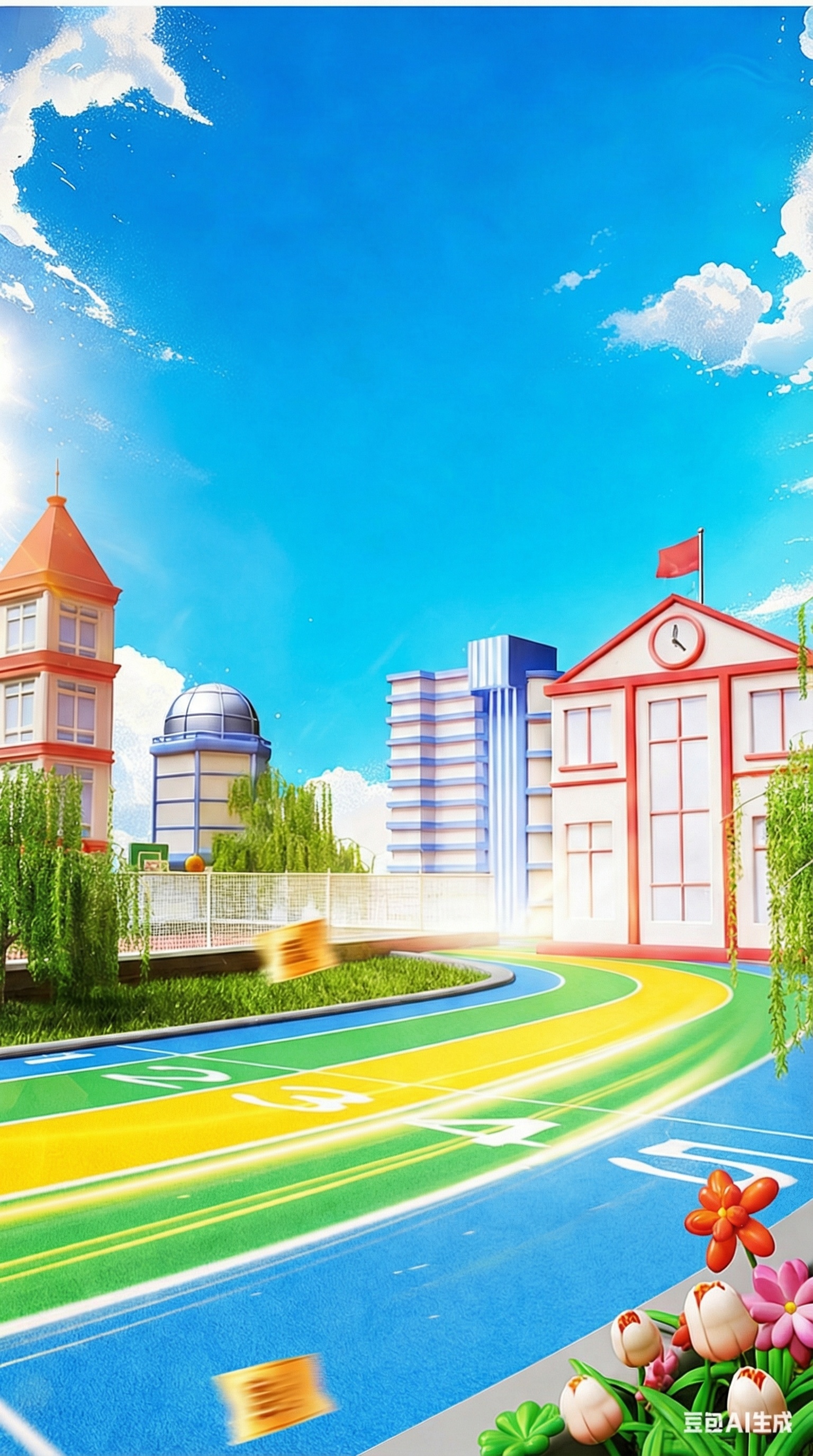 将跑道修改为蓝、黄、绿相间的彩色跑道，整体画面色调对比加强20 - 图片创意预览