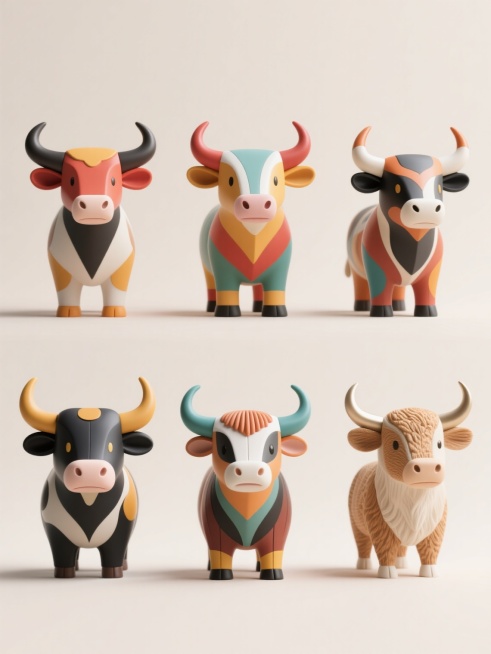 6个不同配色、不同样式、不同材质的「牛」造型，采用上下两行对齐排列，每个牛造型都具有独特的色彩搭配、设计风格和材质质感，背景为浅色，整体画面简洁明快，突出牛造型的多样性和视觉美感。预览效果