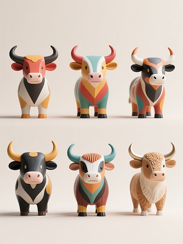 6个不同配色、不同样式、不同材质的「牛」造型，采用上下两行对齐排列，每个牛造型都具有独特的色彩搭配、设计风格和材质质感，背景为浅色，整体画面简洁明快，突出牛造型的多样性和视觉美感。