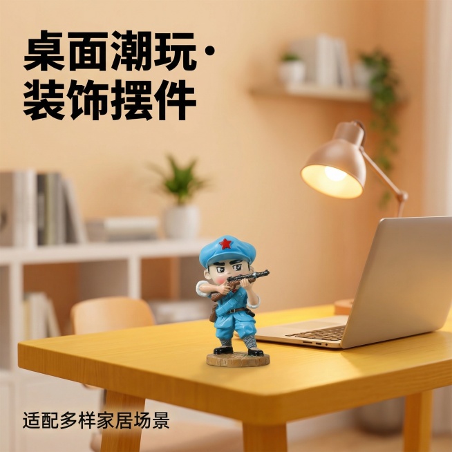 [主图 4] 
[主图主题] 家居场景适配展示
[氛围/风格] 现代家居场景，温馨自然
[画面元素] 单个小红军手办放置在现代书房桌面，旁边搭配笔记本电脑和台灯，展示产品作为家居装饰的实际使用效果，手预览效果