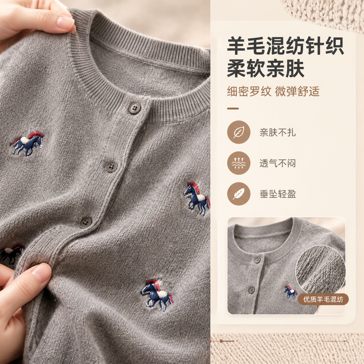 [商品] 使用【图3】灰色小马刺绣羊毛混纺开衫；商品处理：保留… - 图片创意预览