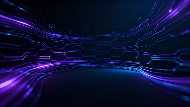 Dark futuristic crypto background, abstract blockchain lines flowing in space, soft neon highlights, cinematic depth, minimal high-tech design, premium financial technology style, clean empty center space, ultra high resolution, no text, no logo