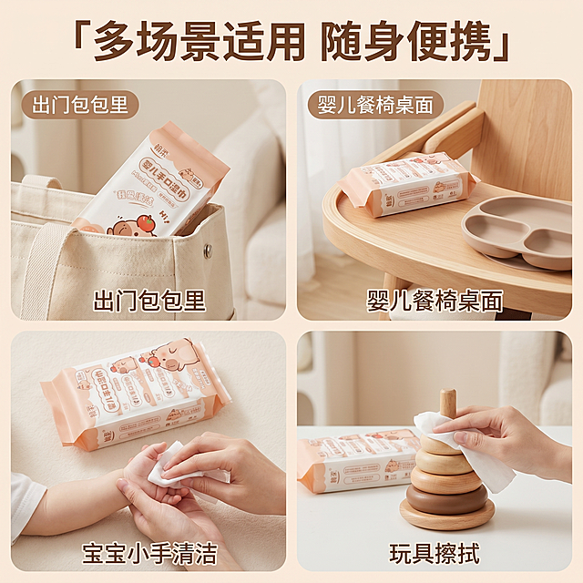 [主图 4] 翰柔婴儿手口湿巾多场景使用展示
[氛围风格] 软萌奶咖ins风，母婴温柔治愈生活化场景
[画质] 商业摄影质感，光线柔和通透，产品清晰真实，画面干净高级
[元素] 四宫格展示四个常用场景：出门包包里、婴儿餐椅桌面、宝宝小手清洁、玩具擦拭，每个小格子都有一包Mini湿巾出镜，产品保持原有设计和颜色一致。整体布局四宫格分隔清晰，保持产品在每个场景都自然融入，不生硬，主体明确。画面整体风格统一，光影一致，保持产品外观和原图绝对一致。
[光影] 每个场景都用明亮柔和自然光，整体光影均匀统一，温柔不刺眼
[配色] 整体奶咖浅米色调，每个场景背景都是浅色系，保持温柔治愈母婴感
[文字版式] 顶部大标题「多场景适用 随身便携」居中加粗奶咖色字体，每个宫格角落标注场景名称，小字体清晰不遮挡画面
[比例分辨率] 1:1比例，2k分辨率，超高清
[负向提示词] 变形，水印，文字错乱，产品模糊，光影不一致，背景杂乱