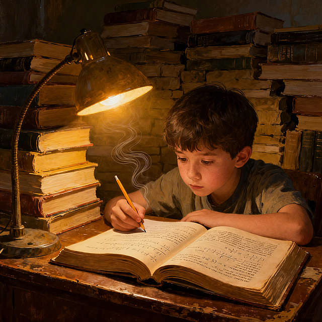 一个孩子伏在旧书桌前，台灯暖光下，面前摊开一本厚重的辅导书，书页上是密密麻麻的公式和铅字。空气中仿佛有淡淡的油墨线条，孩子表情专注，手中铅笔稍作停顿。背景是堆叠的书本，像一座安静的堡垒。暖黄氛围感，写实风格，画面细节丰富，光影柔和