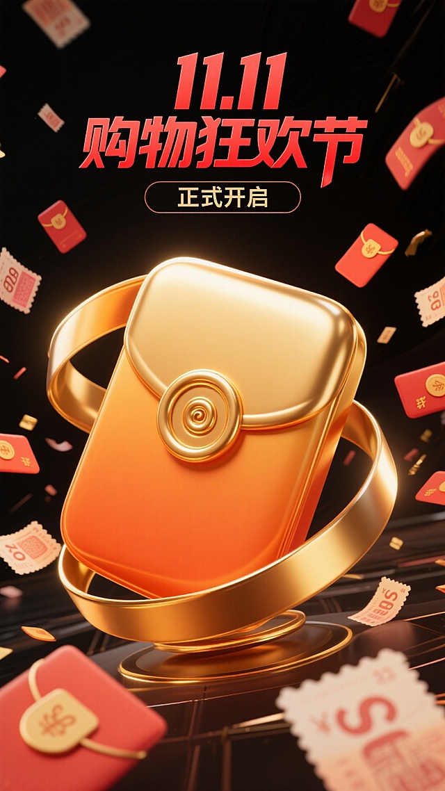 3D重拟物风格，鎏金金属质感红包悬浮于科技光效背景，红金配色彰显喜庆与奢华，满屏优惠券营造双十一购物狂欢氛围。