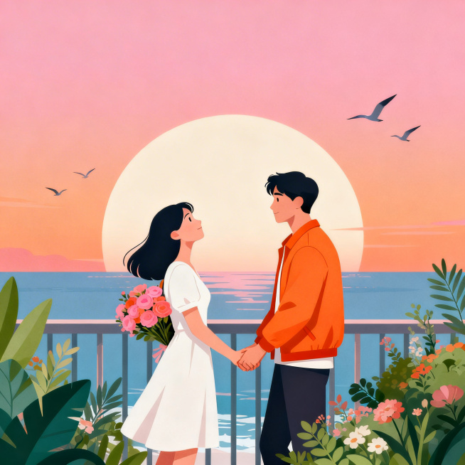 扁平风矢量插画，一对情侣在海边露台牵手依偎，女生仰头温柔看向男生，男生穿着暖橙色夹克，女生穿着白色连衣裙，背后藏着一束粉橙色花束。背景是渐变粉橙的黄昏天空，巨大的圆形落日悬于海面，几只飞鸟掠过，前景是预览效果