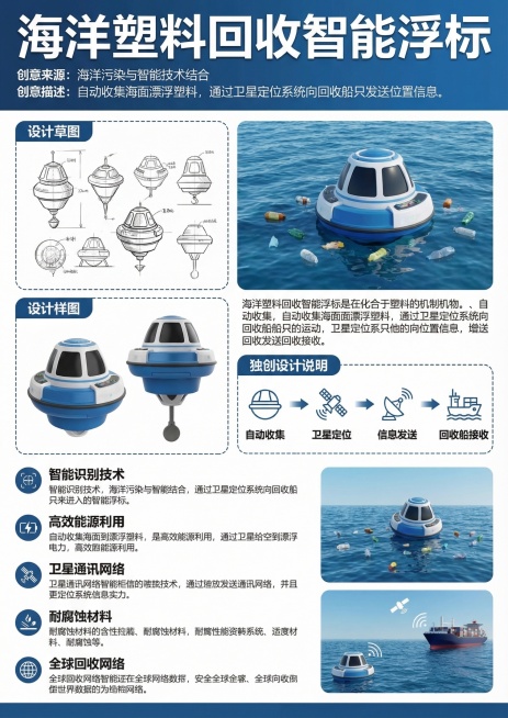 仿照参考海报布局设计创意展示海报，主题是：海洋塑料回收智能浮标，该产品在海面自动收集漂浮塑料，并通过卫星将位置信息发送给回收船。海报需要包含：作品名称、创意来源、创意描述、设计草图位置、设计样图位置、预览效果