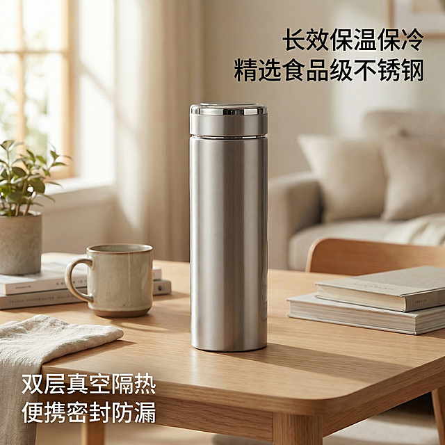 保留原图的保温杯和日常居家桌面场景，去除保温杯上现有的logo和文字。使用电商简约字体，思源黑体，无花哨装饰，添加保温杯卖点文案，分别放置在画布右上角和左下角，不要遮挡中间的保温杯商品主体，调整字体大小，确保单条文字高度不超过画布的1/15。保持整体画面自然，800*800像素，柔光氛围，真实质感