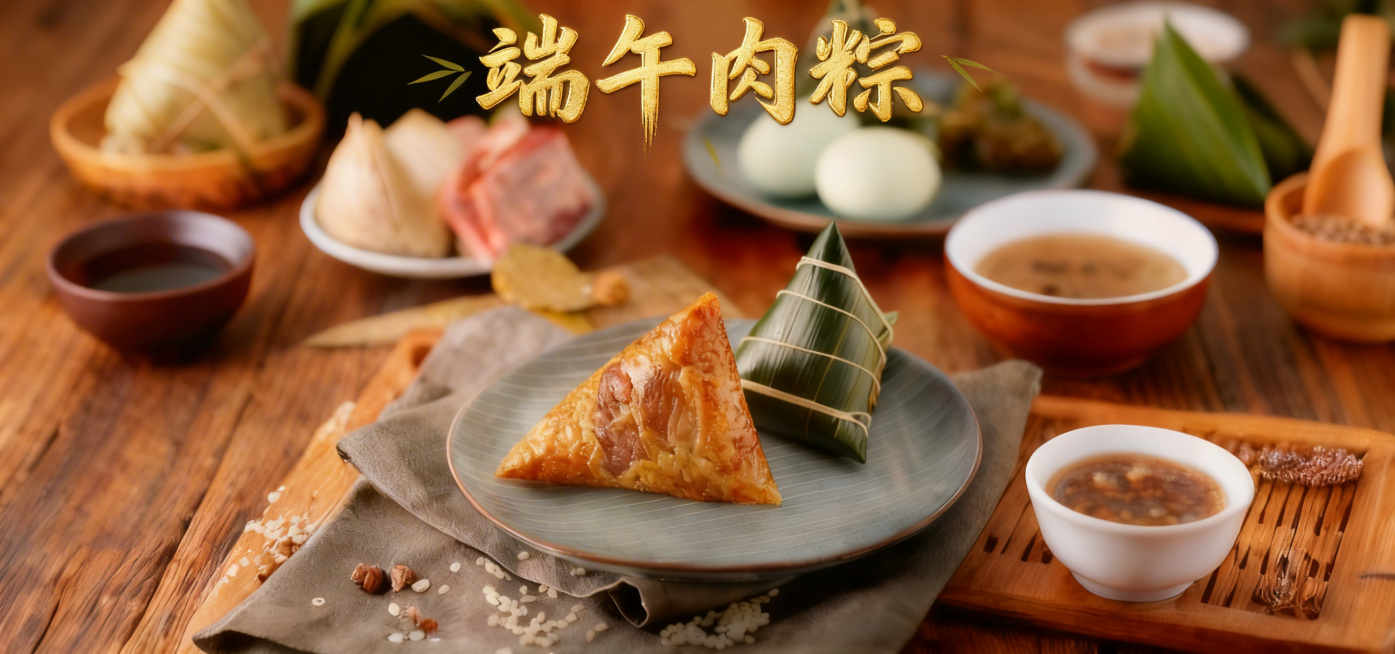将"端午肉粽"四个文字再次美化，改为更加精致大气的烫金书法字体，给字体增加金色描边和浮雕质感，添加细微竹叶纹理装饰，让整体更丰富有档次，保留原图其他内容不变预览效果