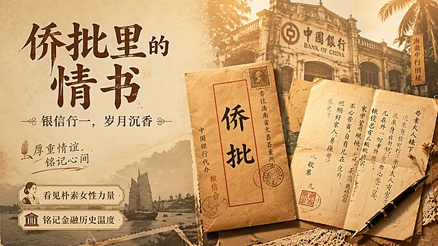 复古文艺风格人文海报，整体色调偏暖黄怀旧，主视觉是复古侨批信封和泛黄家书展开，搭配旧海南中行建筑背景，突出厚重的历史感和温情氛围。画面主标题："侨批里的情书"，副标题："银信合一，岁月沉香"，左下角装饰文案："厚重情谊 铭记心间"，两个卖点标签："看见朴素女性力量"、"铭记金融历史温度"。排版精美，分区清晰，文字清晰可读，复古胶片质感，光影柔和，留白得当，符合文章情感基调。