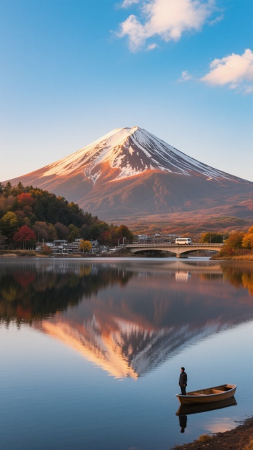 日本富士山风景，清晨或黄昏时分，山顶覆盖白雪的富士山在金色阳光照射下闪耀，山体呈现出温暖的橙红色与深褐色纹理，山脚有层叠的低矮山丘和五彩斑斓的树木，前方是平静如镜的湖泊，湖面清晰倒映着富士山和天空的景色，湖中有一座小桥横跨，桥上有车辆驶过，湖边有一个人站在小船上，天空湛蓝，飘着几朵白云，整体画面光影柔和，色彩丰富和谐，具有极高的清晰度和细腻的细节，展现出宁静、壮丽而唯美的氛围，大师级摄影作品，……预览效果