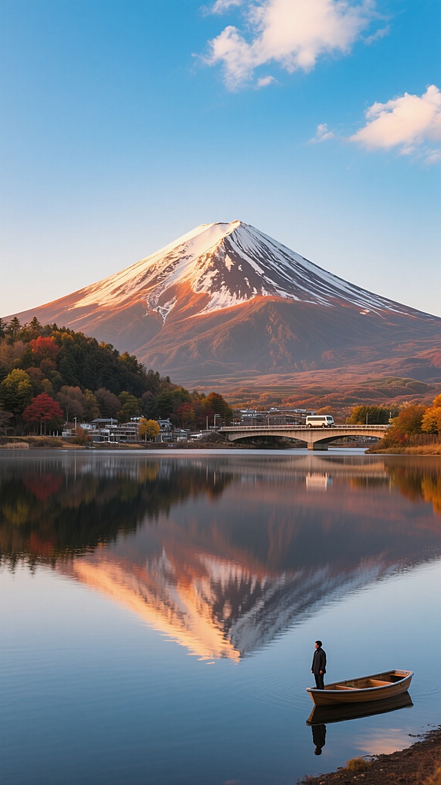 日本富士山风景，清晨或黄昏时分，山顶覆盖白雪的富士山在金色阳光照射下闪耀，山体呈现出温暖的橙红色与深褐色纹理，山脚有层叠的低矮山丘和五彩斑斓的树木，前方是平静如镜的湖泊，湖面清晰倒映着富士山和天空的景色，湖中有一座小桥横跨，桥上有车辆驶过，湖边有一个人站在小船上，天空湛蓝，飘着几朵白云，整体画面光影柔和，色彩丰富和谐，具有极高的清晰度和细腻的细节，展现出宁静、壮丽而唯美的氛围，大师级摄影作品，专业级色彩校准，完美的构图平衡。