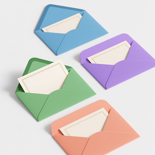 一套四个系列素材集合，规整排布在白色背景上，每个素材均为半开的信封造型，内部露出一张带有细金色边框的米白色卡片。保持原图的3D渲染风格、光滑的纸张质感、柔和的高光和阴影表现、以及简洁的构图。四个信封分别采用完全不同的整体色彩设计：第一个为天蓝色信封配浅灰色卡片边框，第二个为草绿色信封配白色卡片边框，第三个为薰衣草紫色信封配淡金色卡片边框，第四个为珊瑚橙色信封配玫瑰金色卡片边框。所有信封的翻盖和封口线条细节清晰，内部卡片边缘的阴影自然过渡，整体设计简洁现代，具有一致的视觉层级和信息传达效率。