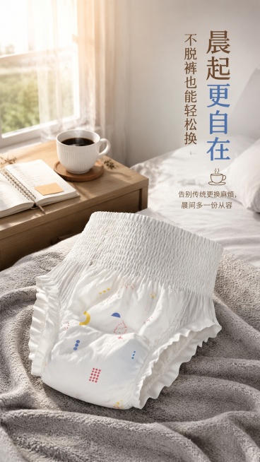 [第2屏] 场景种草 —— 居家晨间使用场景：冷粹早安裤，不脱裤设计。本屏主体为【图3】展开纸尿裤本体，放置在浅灰色针织床单上，左侧搭配浅棕色床头柜：床头柜上放一杯热美式咖啡 + 翻开的日程本，窗外透预览效果