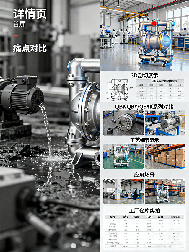 铝合金气动隔膜泵详情页，工业风设计，包含首屏痛点对比图（左侧黑白模糊的传统机械泵漏液、电机烧毁场景，右侧高亮彩色的铝合金泵体在干净车间运行场景）、3D剖切图展示铝合金铸件壁厚、QBK/QBY/QBYK系列型号对比模块、6张细节图拼接展示工艺、参数选型表格、多应用场景实拍图、工厂仓库实拍图，整体风格专业严谨，配色以银灰、深灰、白色为主，文案清晰排版合理，3:4比例，2k分辨率。