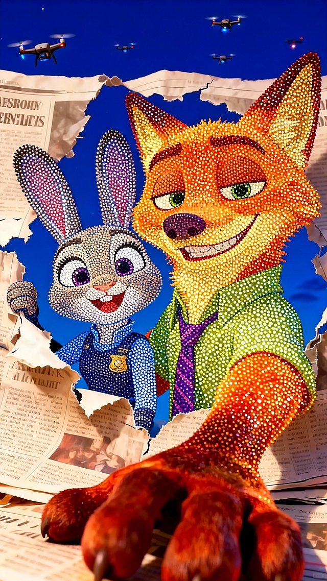 无人机灯光秀，中心区域浮现由无数渐变光点组成的图示人物，形象还原，光点简洁，深夜蓝色天空背景。周围有无人机点缀。