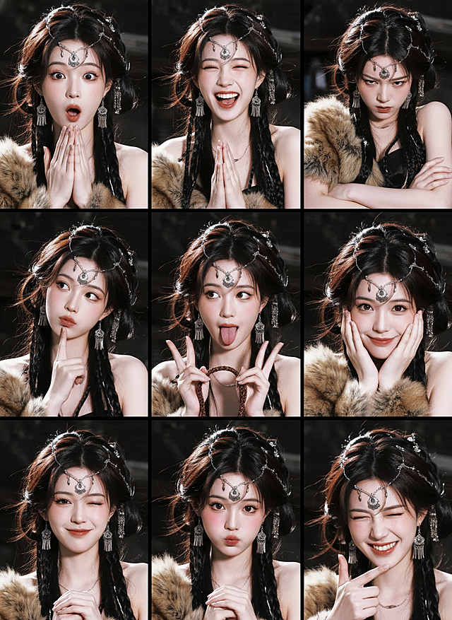 国潮风与工笔风融合，复古中式造型搭配鎏金发饰，九宫格展现灵动表情，光影细腻，优雅中透出趣味感与梦幻氛围。