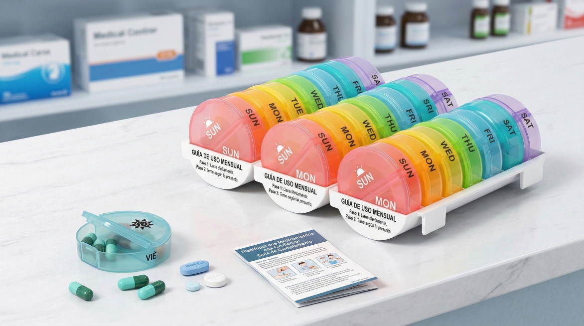 以图中的彩色月度药盒为主体， display of the monthly pill box with Spanish usage instructions, next to it are commo预览效果