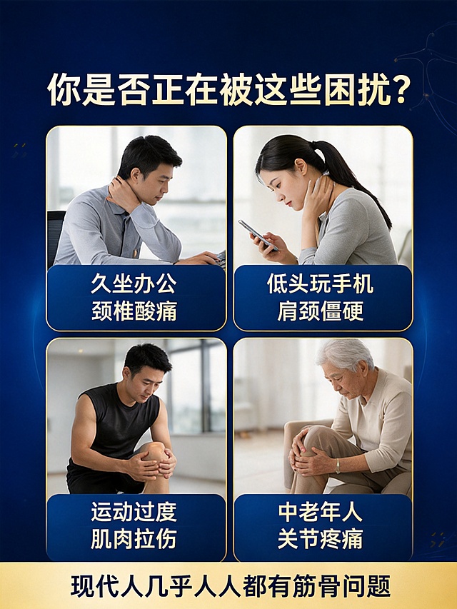 拆分出原长图上方中间区域，整理为独立海报，展示筋骨问题常见场景，保留原排版和文字信息，深蓝色商务医疗风格