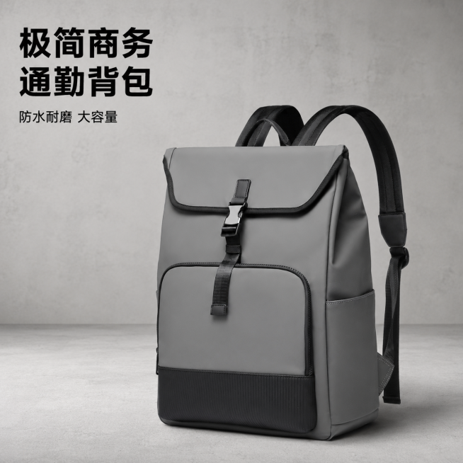 [主图-1] 商务通勤双肩包展示首图
[氛围风格] 简约高级商务风，专业品质感
[画质] 商业摄影质感、光线柔和通透、产品清晰真实、画面干净高级
[元素] 保持这款灰黑拼色双肩背包外观（物理结构、材质预览效果