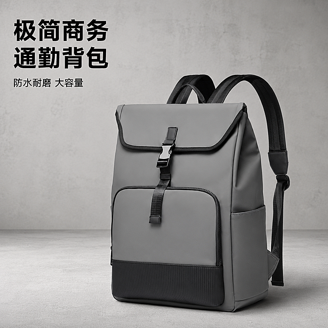 [主图-1] 商务通勤双肩包展示首图
[氛围风格] 简约高级商务风，专业品质感
[画质] 商业摄影质感、光线柔和通透、产品清晰真实、画面干净高级
[元素] 保持这款灰黑拼色双肩背包外观（物理结构、材质质感、颜色）与输入产品图绝对一致，杜绝任何变形和色差，精细化处理。背包主体居中放置在极简浅灰色水泥背景前，商品主体占比严格控制在65%左右，画面满屏无边框
[光影] 正面主光均匀打亮背包整体，右侧辅以柔和辅光，下方形成自然浅阴影，凸显产品立体轮廓，材质纹理清晰可见，高级商业棚拍光影
[配色] 主色调为背包本身的灰色+黑色，背景浅灰，整体低饱和高级感
[视角构图] 平视四分之三视角，景深适中，产品完整不裁切
[文字版式] 左上负空间左对齐留安全边距，大字文案 "极简商务 通勤背包"，黑色粗体无衬线最大号，下方小字 "防水耐磨 大容量"，同色系缩小一半，清晰易读不遮挡主体
[比例分辨率] 1:1比例，2048x2048像素，文字清晰可辨，超高清
[负向提示词] 变形，水印，文字错乱，产品图模糊，背景杂乱