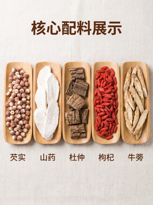 [主图 2] 五大食材成分展示图，突出每款原料的天然品质
[氛围风格] 自然清新，和主图风格保持统一
[画质] 商业摄影质感、光线柔和通透、产品清晰真实、画面干净高级
[元素] 五款核心食材芡实、山药预览效果