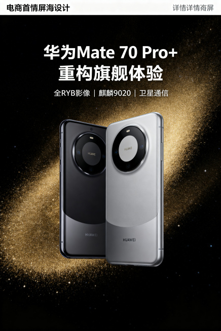 华为 Mate 70 Pro + 电商详情首屏海报，杂志级高端排版，主视觉为产品正面与背面同框展示，严格还原产品细节与1:1尺寸比例，居中主标题为超大号无衬线粗体字"华为 Mate 70 Pro+ 重预览效果