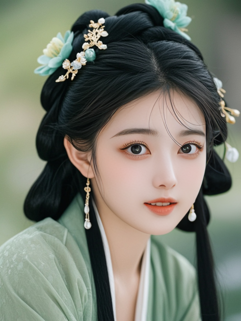 一名身穿绿色系汉服的女生，中式发饰，皮肤纹理清晰，高清商业摄影，半身照，人物特征保持预览效果