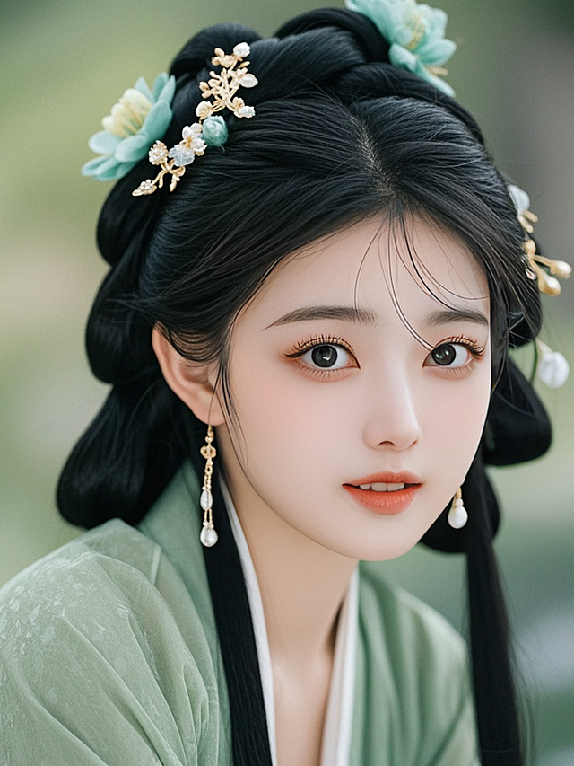 工笔风细腻描绘，水墨意境渲染，古典中式美人婉约清雅，发饰点翠如诗，衣袂轻柔，尽显文艺与唯美之韵。