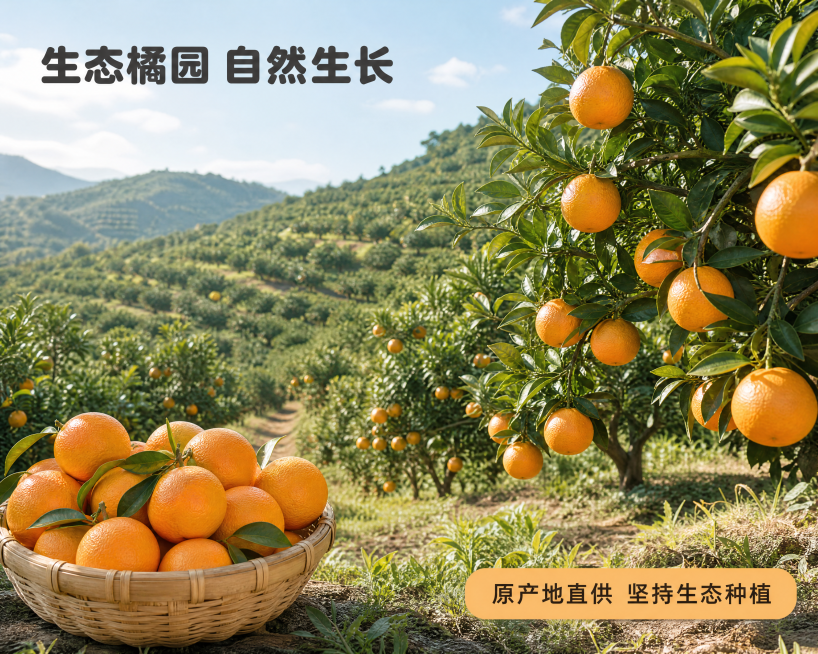 [第4屏] 果园图-橘子产地果园展示。
[氛围/风格] 原生态自然田园风光，阳光漫射，绿意盎然，真实产地氛围感，清新空气感。
[元素布局] 画面中展示连绵的橘园种植场景，山坡上长满挂果的橘树，枝头挂满预览效果