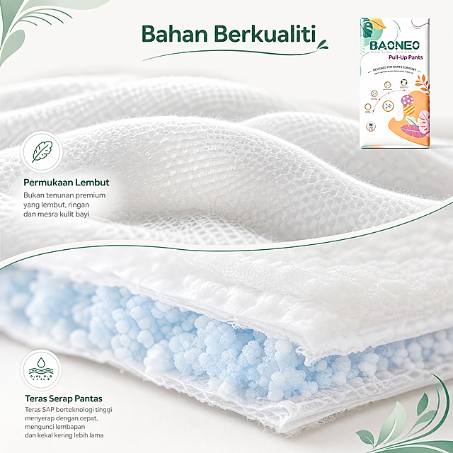 [第3屏] Material detail page, macro display of inner absorbent layer and surface material of BACNEO Pull-Up Pants. Uses [image1] as brand style reference. [Atmosphere/Style] Professional detail display, soft light, clear close-up texture. [Element Layout] Screen divided into upper and lower, upper macro surface non-woven fabric showing fine soft fiber, lower macro polymer absorbent core showing high absorption. Upper right small packaging thumbnail for brand consistency. [Light and Shadow Texture] Soft side light, highlights material texture and layered structure, clear details. [Color Scheme] Global background #F8F8F8, natural material colors, consistent brand green decoration. [Perspective Composition] Close-up perspective, layered layout. [Text Layout] Top title "Bahan Berkualiti"