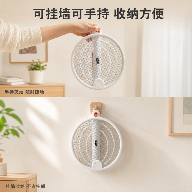 [主图-4] 可折叠电蚊拍多使用方式场景展示。
[氛围风格] 家居治愈风，生活化真实代入；
[画质] 商业摄影质感、光线柔和通透、产品清晰真实、画面干净高级。
[元素] 上下二宫格构图，上图展示一只手预览效果