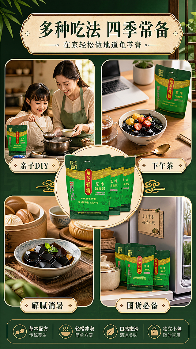 [商品] 使用【图3】双钱牌龟苓膏粉三袋组合图；保留所有包装原貌，产品融入场景中自然摆放。
[画面] 目标：场景种草，展示龟苓膏粉的多种日常食用场景。构图：场景拼图型，2×2圆角卡片式布局，四个场景分别为：1）家庭厨房：妈妈和孩子一起做龟苓膏的温馨场景；2）下午茶时光：办公桌上一碗龟苓膏配水果；3）消暑解腻：餐后甜品搭配广式点心；4）冰箱常备：多袋龟苓膏粉整齐摆放在冰箱旁。中心位置放产品主图，四周环绕场景卡片。
[视觉] 套系策略：风格=中式传统养生商业摄影；标题字=宋体粗体（传统中式风格）；正文字=简洁黑体；主色=深草绿；背景延展=基于深草绿做深浅层级渐变、同色系木质与宣纸质感；强调色=暖金色，仅用于小面积图标、引线和标签装饰；标题色=深草绿；正文色=深棕灰；组件=圆角浅米色信息卡、细金线引线、中式纹样装饰；光影=暖调自然光，温馨生活化。
[文字] 顶部主标题"多种吃法 四季常备"，副标题"在家轻松做地道龟苓膏"，每个场景卡片下方配短句标签：「亲子DIY」「下午茶」「解腻消暑」「囤货必备」，全部横排排版，文字清晰。
[规格] 淘宝/天猫详情页单屏9:16竖版，4K分辨率，负向提示：避免场景虚假、人物不自然、包装变形、文字竖排。
