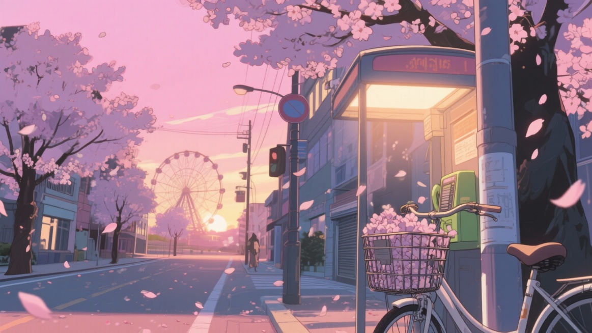 二次元日漫，城市街道，晚霞，约会，氛围浪漫、回忆，浅粉色，细节丰富，构图夸张，不要人物，16:9，生成二张预览效果
