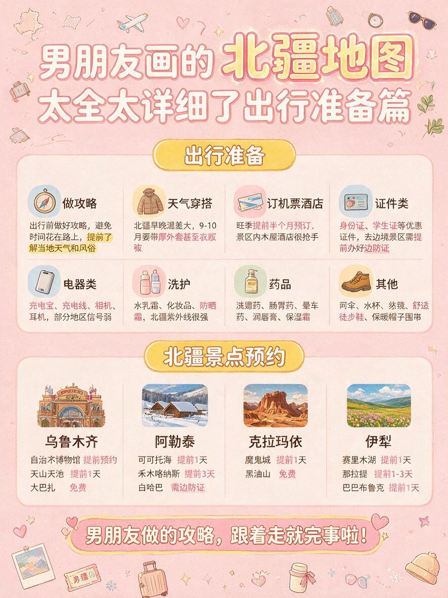 旅游出行准备攻略海报，粉色背景，顶部标题男朋友画的北疆地图太全… - 图片创意预览