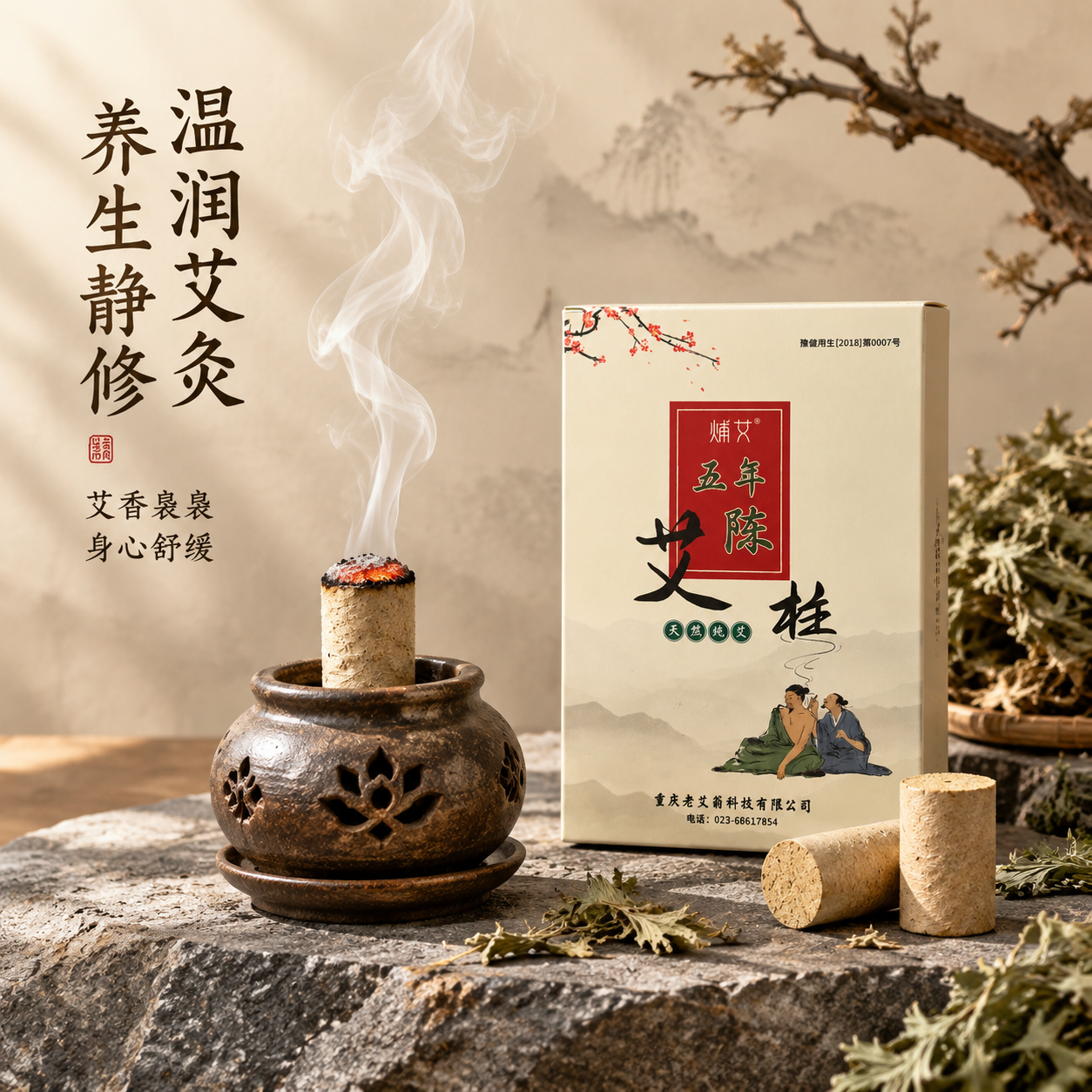 [主图-4] 艾灸使用场景氛围图，展示艾柱点燃使用的禅意养生场… - 图片创意预览