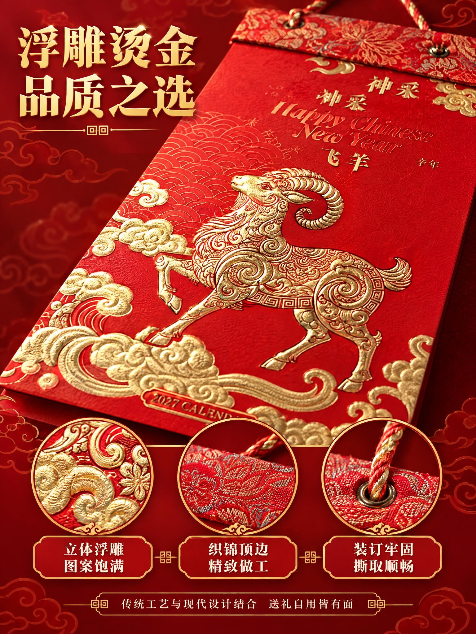 [商品] 使用神采飞羊款挂历；严格保留金色浮雕羊图案、祥云纹饰… - 图片创意预览