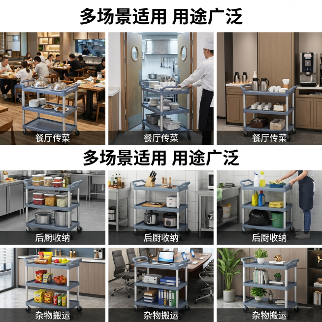 [主图-5] 多场景适用性宫格展示。展示大号三层餐车在餐厅、酒店后厨、办公会所三个不同场景的使用效果，每个场景一张小图拼接成九宫格排版，餐车主体在上方大图。氛围风格：真实多场景展示，突出适配性强。画质预览效果
