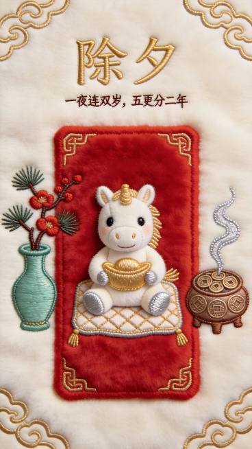朱红毛绒布红包，四角烫金云纹边框。居中刺绣奶白小马布偶盘坐，怀抱金色绣线元宝，身披菱格纹刺绣小毯。左侧刺绣青玉色岁瓶，插着松枝与红梅；右侧刺绣铜钱纹炭炉，飘出银色绣线暖烟。上方绣金色隶书“除夕”，下方预览效果