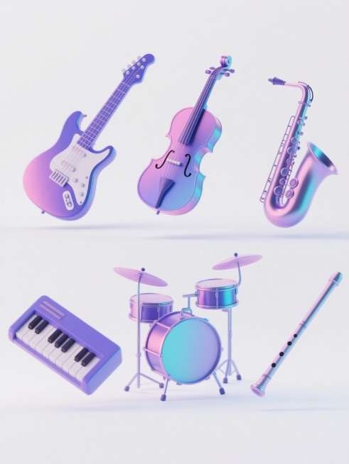 六个规整排布的现代简约风格乐器素材，每个素材均采用光滑金属质感的渐变色彩（以蓝紫色为基调，带有粉色和青色的微妙过渡），呈现出3D立体效果，表面有细腻的高光和轻微反光。乐器包括电吉他、钢琴键盘、小提琴、萨克斯、架子鼓和长笛，每个乐器造型简洁流畅，去除多余装饰细节，悬浮于纯白色纯色背景中，无任何音符或其他装饰元素，整体构图平衡对称，视觉层次清晰，无文字、无logo、无水印，营造出科技感与艺术感兼具……预览效果