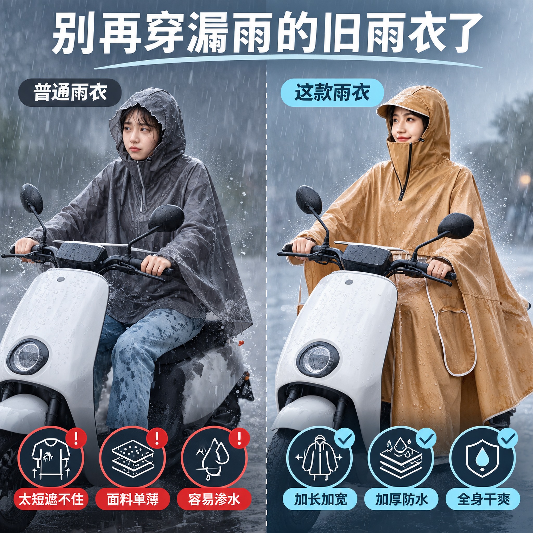 [主图-2] 电动车雨衣加大加厚全身防暴雨骑行雨披 痛点对比图… - 图片创意预览