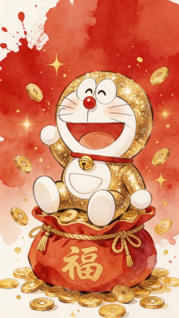 水彩风格，金色哆啦A梦坐着福袋上，红色泼墨背景，环绕金色铜钱和光效，尽显喜庆富贵氛围预览效果