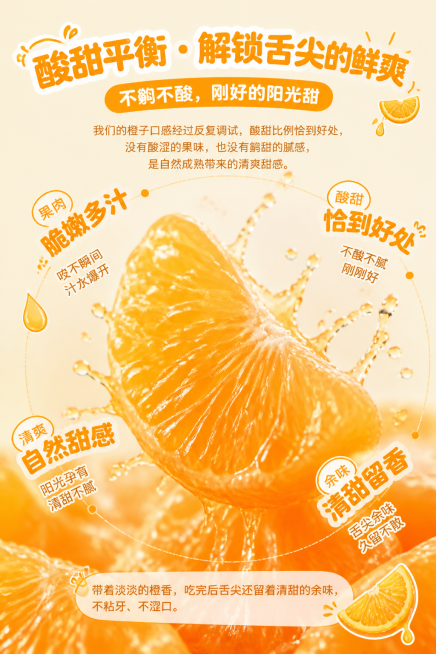 第5屏口感体验详情页，2:3竖版，居中构图，主体为橙子果肉的动态特写，汁水四溅的瞬间抓拍，搭配浅米色背景，突出果肉的水润感，四周环绕口感描述文字，采用环形排版，字体为圆润无衬线体，配色为橙 + 白，部预览效果