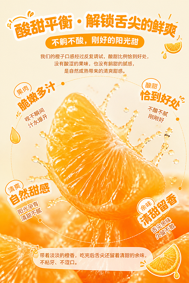 第5屏口感体验详情页，2:3竖版，居中构图，主体为橙子果肉的动态特写，汁水四溅的瞬间抓拍，搭配浅米色背景，突出果肉的水润感，四周环绕口感描述文字，采用环形排版，字体为圆润无衬线体，配色为橙 + 白，部分关键词加粗放大，增强视觉冲击力。画面以暖橙色为主色调，果肉特写添加轻微高光效果，营造水润通透的质感，文字采用环形分布，搭配手绘果汁滴落的小元素，增强美食的诱人氛围；整体风格清新治愈，适配年轻人的审美偏好。内容：主标题"酸甜平衡・解锁舌尖的鲜爽"，副标题"不齁不酸，刚好的阳光甜"。说明文字：我们的橙子口感经过反复调试，酸甜比例恰到好处，没有酸涩的果味，也没有齁甜的腻感，是自然成熟带来的清爽甜感。果肉脆嫩多汁，咬下瞬间汁水在口腔中爆开，带着淡淡的橙香，吃完后舌尖还留着清甜的余味，不粘牙、不涩口。整体风格：奶油风低饱和配色，主色调暖橙色，辅助色奶油白，清新治愈。