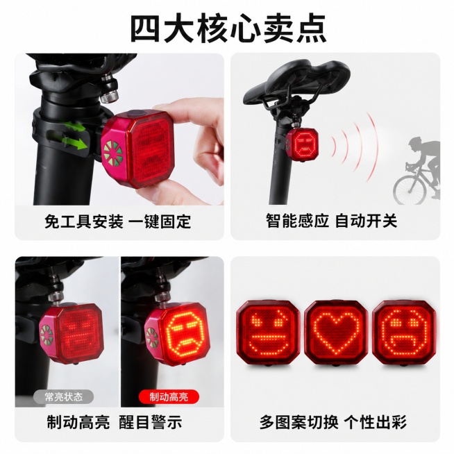 [主图-2] 小怪兽车尾灯卖点展示图
[氛围风格] 清晰直观，功能展示
[画质] 商业摄影质感，光线均匀，细节清晰，画面干净
[元素] 使用2x2卡片式布局展示四个核心卖点，保持产品外观与原图一致。左预览效果