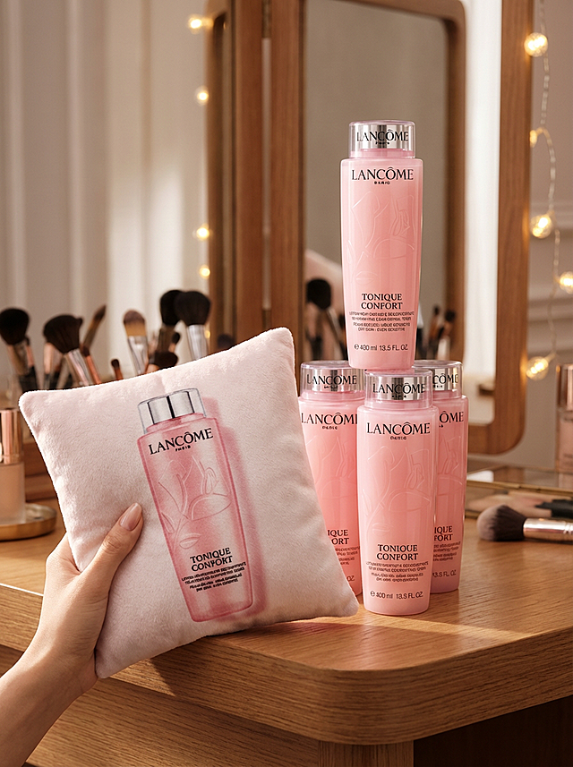 轻拟物风结合面料质感，以柔和粉调营造温馨甜蜜氛围，实景感与优雅时尚并存，传递舒适护肤体验。