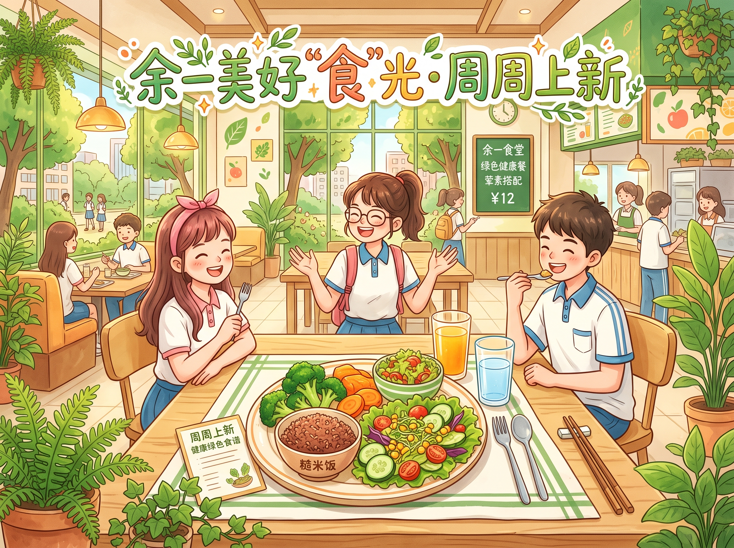 余一美好“食”光•周周上新 校园绿色食堂绿色食谱动画配图，清新… - 图片创意预览