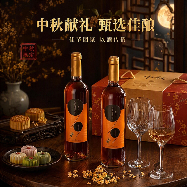 [主图-4] 中秋送礼场景图，突出节日氛围与送礼属性，核心任务是场景代入与情感共鸣。
[统一基调] 中秋国风视觉，深酒红与暖金为主色调，背景融入朦胧月光、桂花枝、中式窗棂剪影，整体低AI感、真实商业摄影质感，暖调自然光。标题字用烫金粗宋体，辅助文案用细宋体，字色为金色与米白，强调色为朱砂红。
[画面] 中式实木圆桌场景，桌上摆放两瓶JOJOANGEL 99晚收甜白葡萄酒，旁边有精致的中秋月饼礼盒、两只水晶高脚杯（其中一只盛有金黄色酒液）、一盘精致的中式点心，还有几枝桂花作为装饰。背景是中式木格窗棂，窗外有一轮圆月，月光柔和洒入。整体呈现中秋家宴或送礼的温馨场景。视角为略微俯视的45度角。
[光影质感] 真实生活场景摄影质感，暖黄色月光与室内暖光交融，光线柔和自然，瓶身与酒杯有环境光反射，桌面有柔和阴影，整体氛围温馨高级有节日感。
[配色] 主色暖木棕+深酒红+暖金，辅助色米白、朱砂红、淡黄桂花色，场景色自然真实，整体色调温暖统一。
[文字版式] 画面上方居中烫金大标题"中秋献礼 甄选佳酿"。下方小字"佳节团聚 以酒传情"。左下角有朱砂红印章样式"中秋限定"。文字放在画面上方负空间，不遮挡产品主体。
[输出要求] 1:1正方形，2048*2048，场景真实自然，产品清晰不变形，文字清晰锐利，低AI感真实摄影。禁止：错字、模糊、人物面部、杂乱背景、水印、平台Logo、瓶身变形、标签错误、过度AI渲染。