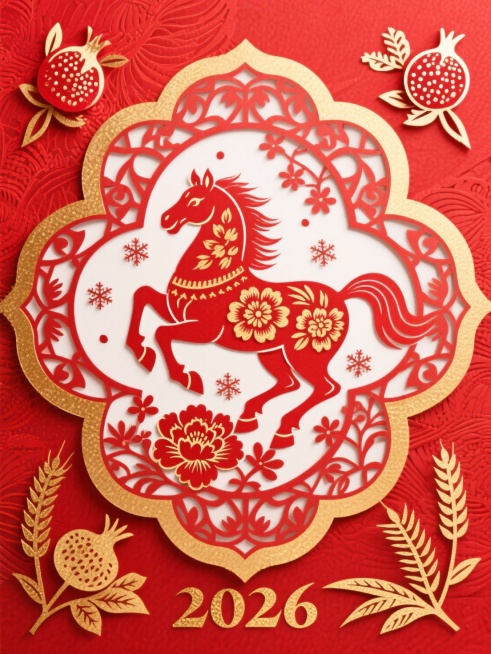 主体是红色踏花奔马（搭配牡丹花纹，蹄边花瓣飞舞），位于传统宝相花边框中央，四角装饰石榴、麦穗等吉祥元素，融入烫金质感细节。背景为有纹理的正红色，下方点缀金色 “2026” 字样，整体呈现唯美、喜庆的牡预览效果